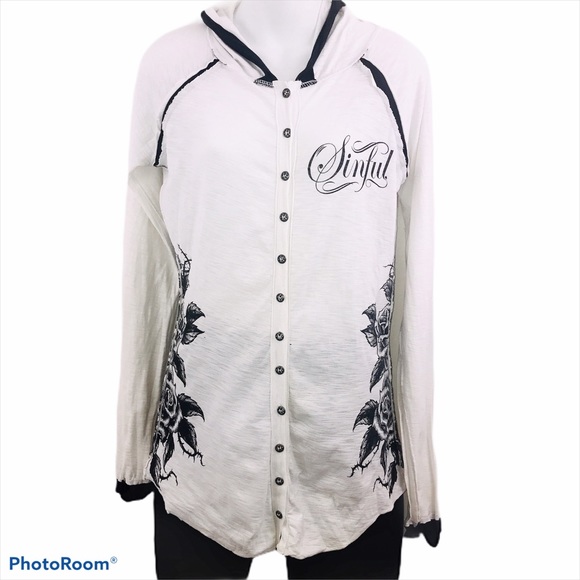 Sinful Affliction Graphic Embellished Cardigan Top Jacket Medium Biker - Picture 1 of 11